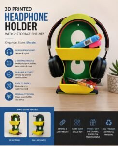 Minimalist 3d printed Headphone holder with 2 storage shelves for desk or wall mounting