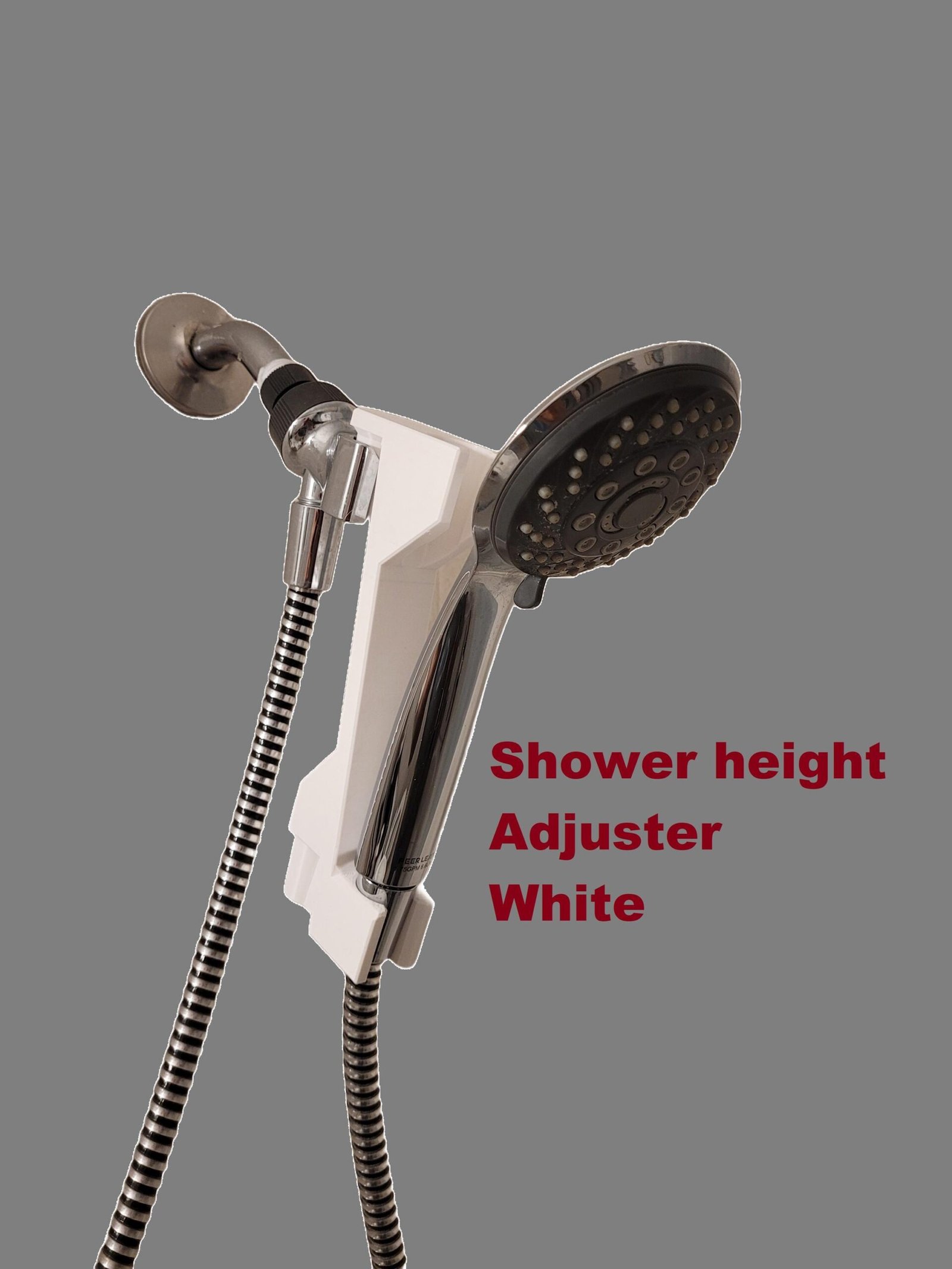 White shower head adjuster set to the lower position