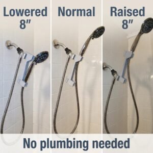 Shower head height adjuster. Adjust your showerhead  up or down 8" without drilling