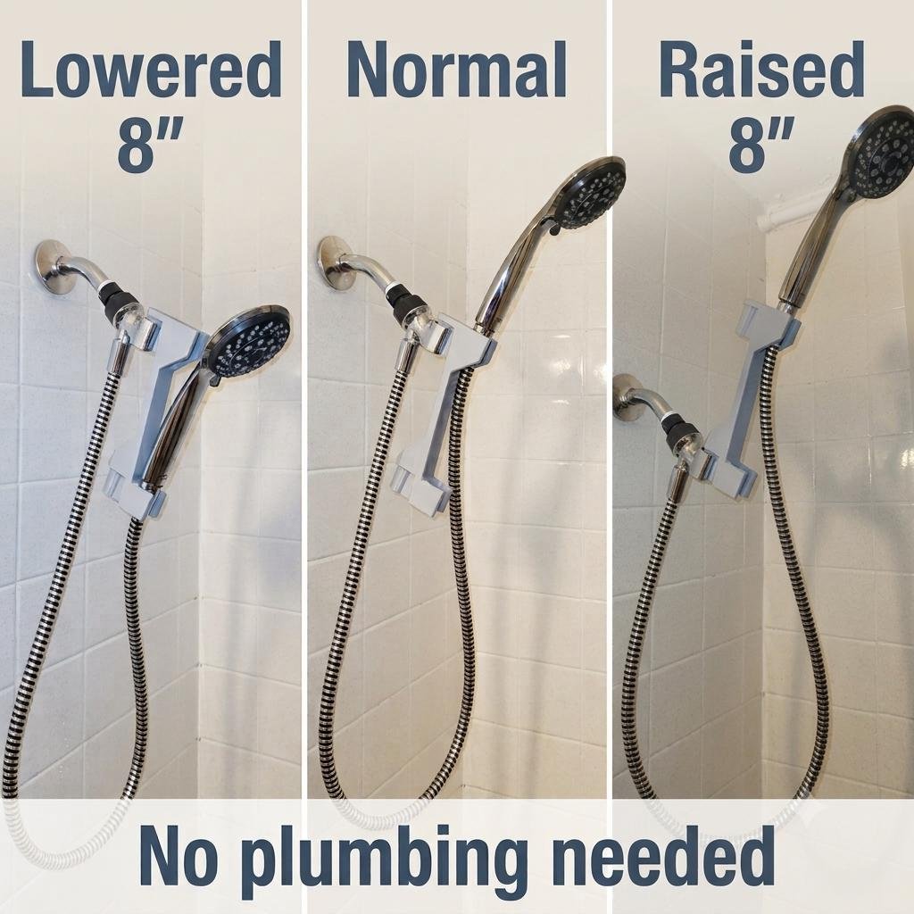 3D printed shower head height adjuster extending a shower head 8 inches, no drilling required