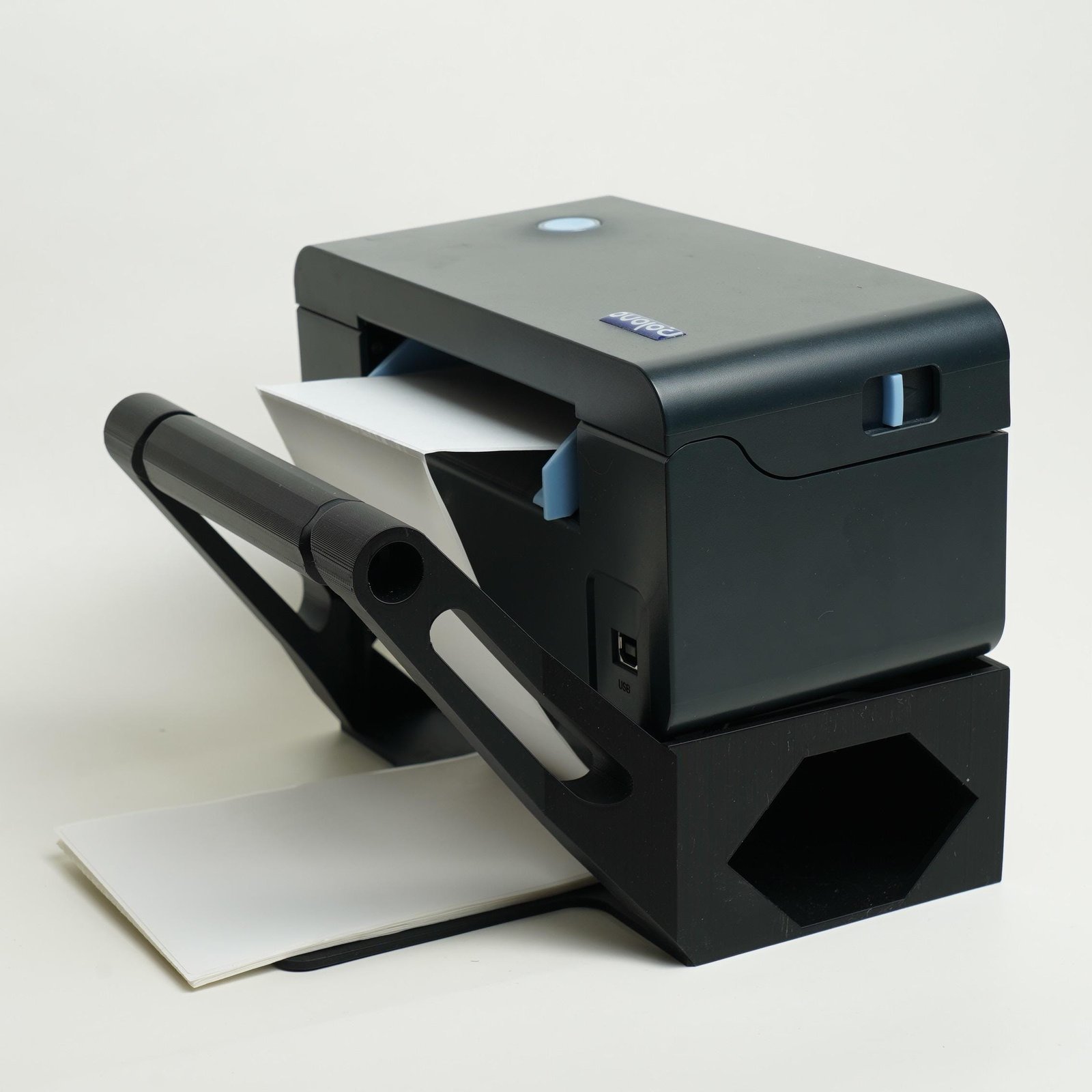 Thermal label printer stand installed with a shipping label printer