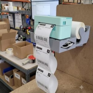 Wall mounted shipping label printer stand with cable storage